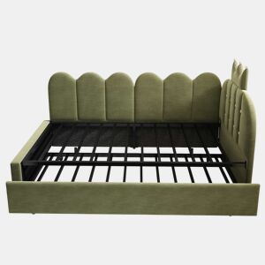 Sofá-cama com cama extra de 90x200 cm e cama extraível de 90x190 cm - formato em L, veludo, design com coroa e grelha, poupa espaço - verde