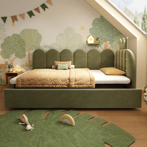 Sofá-cama com cama extra de 90x200 cm e cama extraível de 90x190 cm - formato em L, veludo, design com coroa e grelha, poupa espaço - verde