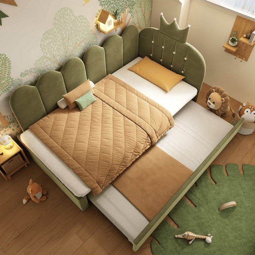 Sofá-cama com cama extra de 90x200 cm e cama extraível de 90x190 cm - formato em L, veludo, design com coroa e grelha, poupa espaço - verde