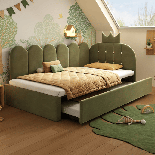 Sofá-cama com cama extra de 90x200 cm e cama extraível de 90x190 cm - formato em L, veludo, design com coroa e grelha, poupa espaço - verde