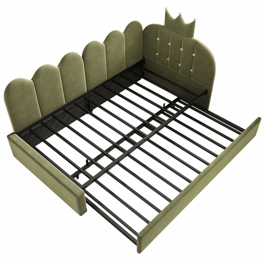Sofá-cama com cama extra de 90x200 cm e cama extraível de 90x190 cm - formato em L, veludo, design com coroa e grelha, poupa espaço - verde