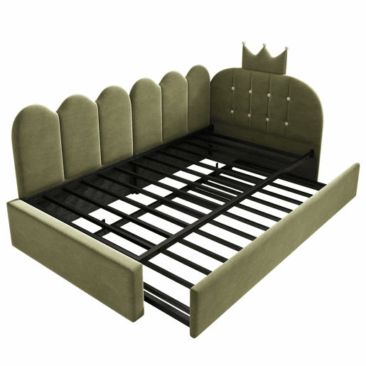 Sofá-cama com cama extra de 90x200 cm e cama extraível de 90x190 cm - formato em L, veludo, design com coroa e grelha, poupa espaço - verde