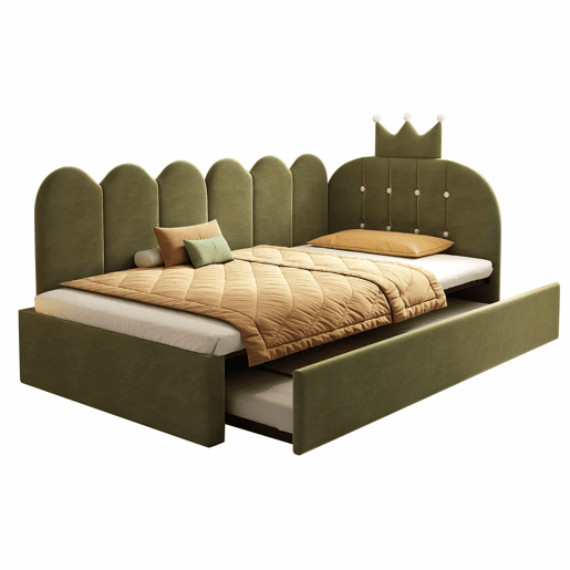 Sofá-cama com cama extra de 90x200 cm e cama extraível de 90x190 cm - formato em L, veludo, design com coroa e grelha, poupa espaço - verde
