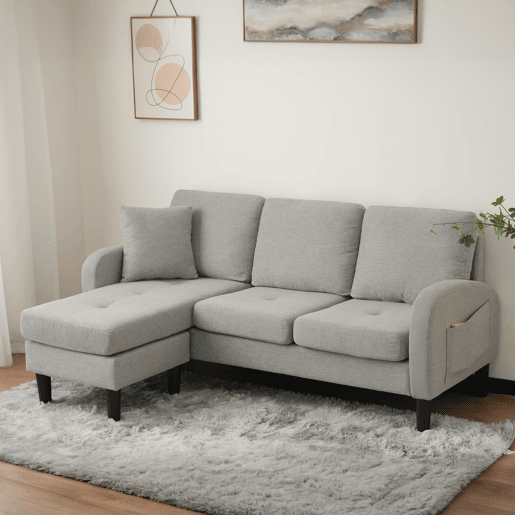 Chaise longue 3 lugares fixa reversível de algodão e linho,cinza claro