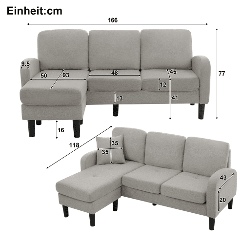 Chaise longue 3 lugares fixa reversível de algodão e linho,cinza claro