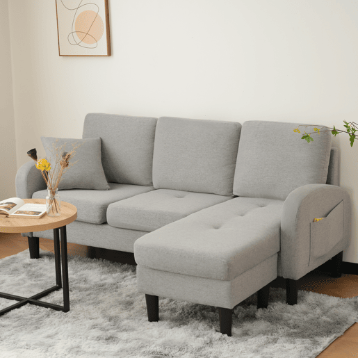 Chaise longue 3 lugares fixa reversível de algodão e linho,cinza claro