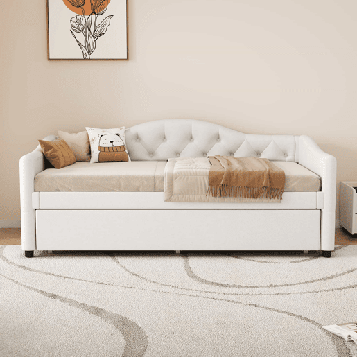 Cama embutida com cama extra de 90 x 200 cm - sofá-cama, cama individual, linho, estilo minimalista, sem colchão - bege Cama embutida com cama extra de 90 x 200 cm - sofá-cama, cama individual, linho, estilo minimalista, sem colchão - bege