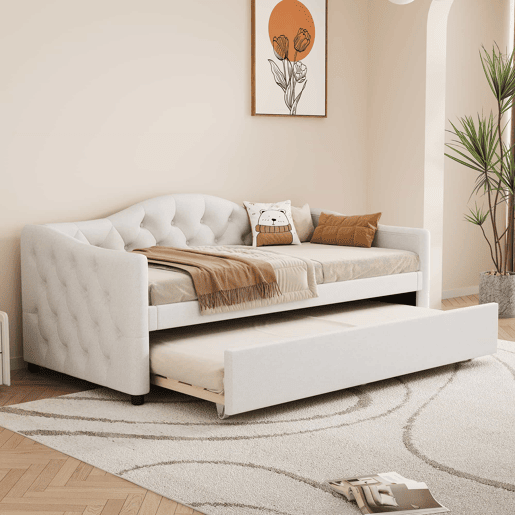 Cama embutida com cama extra de 90 x 200 cm - sofá-cama, cama individual, linho, estilo minimalista, sem colchão - bege Cama embutida com cama extra de 90 x 200 cm - sofá-cama, cama individual, linho, estilo minimalista, sem colchão - bege