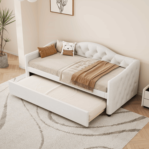 Cama embutida com cama extra de 90 x 200 cm - sofá-cama, cama individual, linho, estilo minimalista, sem colchão - bege Cama embutida com cama extra de 90 x 200 cm - sofá-cama, cama individual, linho, estilo minimalista, sem colchão - bege