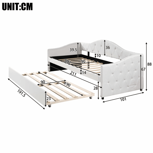 Cama embutida com cama extra de 90 x 200 cm - sofá-cama, cama individual, linho, estilo minimalista, sem colchão - bege Cama embutida com cama extra de 90 x 200 cm - sofá-cama, cama individual, linho, estilo minimalista, sem colchão - bege