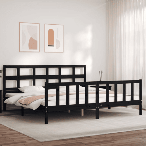 Estrutura de Cama de casal moderno com cabeceira 200x200 cm madeira maciça preto Estrutura de Cama de casal moderno com cabeceira 200x200 cm madeira maciça preto
