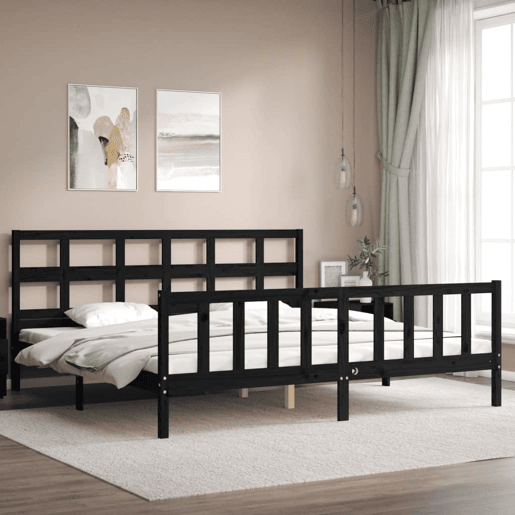 Estrutura de Cama de casal moderno com cabeceira 200x200 cm madeira maciça preto Estrutura de Cama de casal moderno com cabeceira 200x200 cm madeira maciça preto