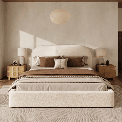 Cama de casal estofada 180x200 cm - com base de lâminas, cabeceira acolchoada - bege bouclé Cama de casal estofada 180x200 cm - com base de lâminas, cabeceira acolchoada - bege bouclé