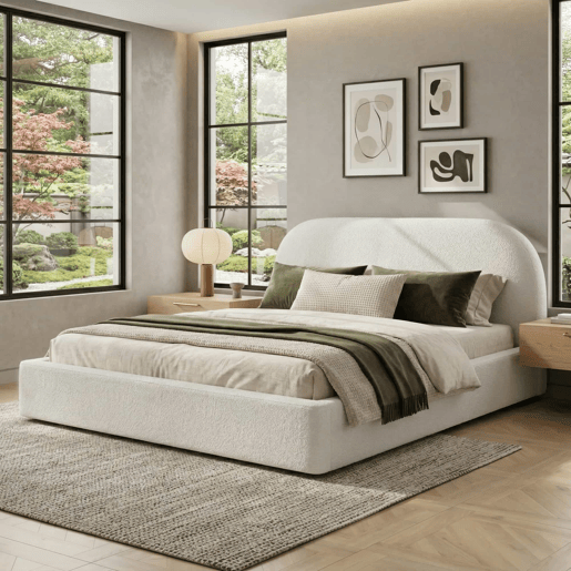 Cama de casal estofada 180x200 cm - com base de lâminas, cabeceira acolchoada - bege bouclé Cama de casal estofada 180x200 cm - com base de lâminas, cabeceira acolchoada - bege bouclé