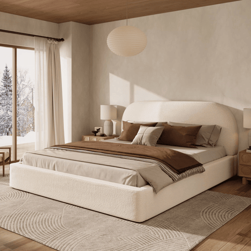 Cama de casal estofada 180x200 cm - com base de lâminas, cabeceira acolchoada - bege bouclé Cama de casal estofada 180x200 cm - com base de lâminas, cabeceira acolchoada - bege bouclé