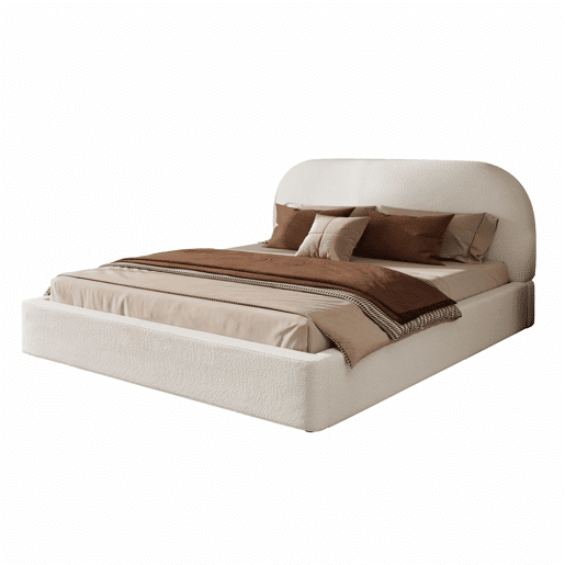 Cama de casal estofada 180x200 cm - com base de lâminas, cabeceira acolchoada - bege bouclé Cama de casal estofada 180x200 cm - com base de lâminas, cabeceira acolchoada - bege bouclé