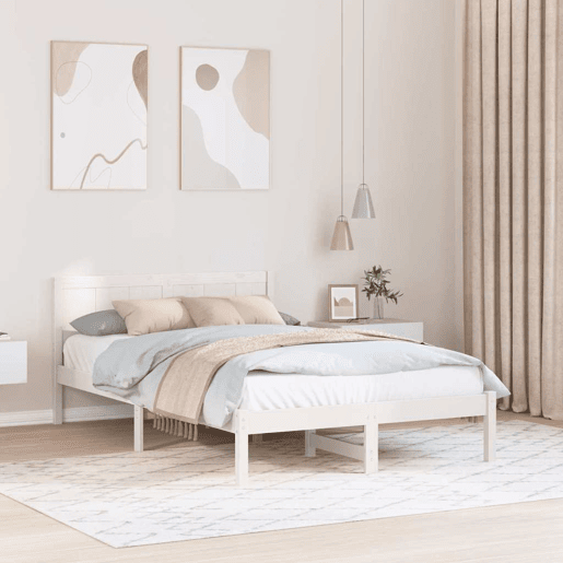 Estrutura De Cama De Casal Simple - Branco 135 x 190 cm Madeira de pinho maciça Estrutura De Cama De Casal Simple - Branco 135 x 190 cm Madeira de pinho maciça