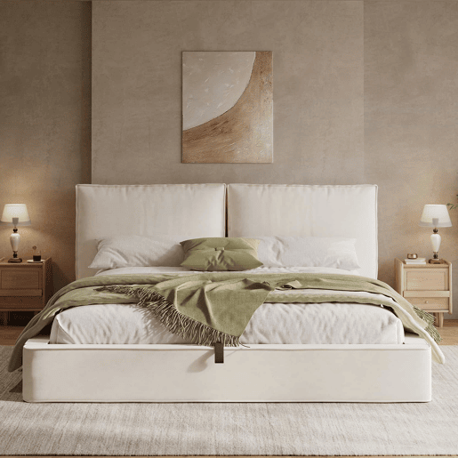 Cama de casal estofada 180 x 200 cm - cama funcional hidráulica com base e cabeceira estofadas em veludo - bege