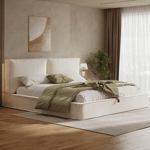 Cama de casal estofada 180 x 200 cm - cama funcional hidráulica com base e cabeceira estofadas em veludo - bege