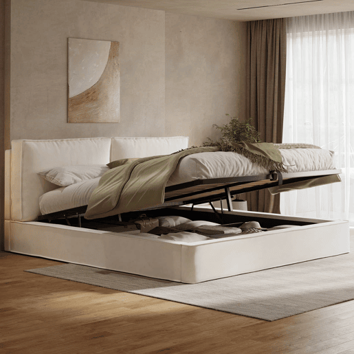 Cama de casal estofada 180 x 200 cm - cama funcional hidráulica com base e cabeceira estofadas em veludo - bege