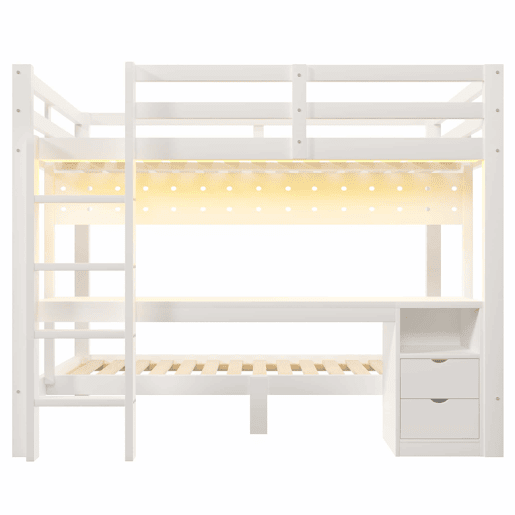 Cama alta 90x200 cm e 140x200 cm - Madeira de pinho, com gavetas e secretária, equipada com sistema de suspensão com painéis perfurados, inclui LED - Branco Cama alta 90x200 cm e 140x200 cm - Madeira de pinho, com gavetas e secretária, equipada com sistema de suspensão com painéis perfurados, inclui LED - Branco