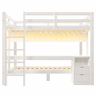 Cama alta 90x200 cm e 140x200 cm - Madeira de pinho, com gavetas e secretária, equipada com sistema de suspensão com painéis perfurados, inclui LED - Branco