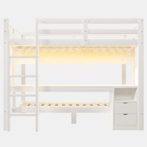 Cama alta 90x200 cm e 140x200 cm - Madeira de pinho, com gavetas e secretária, equipada com sistema de suspensão com painéis perfurados, inclui LED - Branco