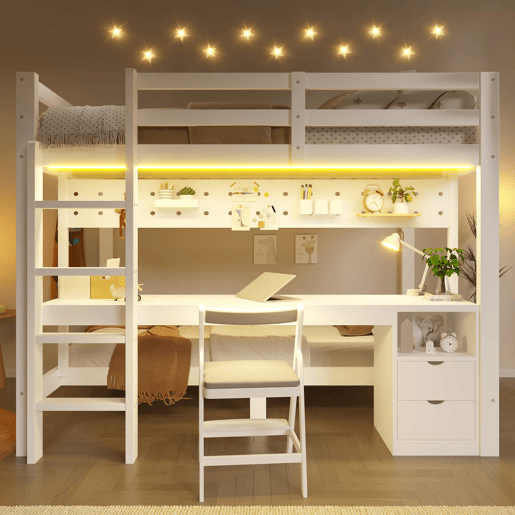 Cama alta 90x200 cm e 140x200 cm - Madeira de pinho, com gavetas e secretária, equipada com sistema de suspensão com painéis perfurados, inclui LED - Branco Cama alta 90x200 cm e 140x200 cm - Madeira de pinho, com gavetas e secretária, equipada com sistema de suspensão com painéis perfurados, inclui LED - Branco