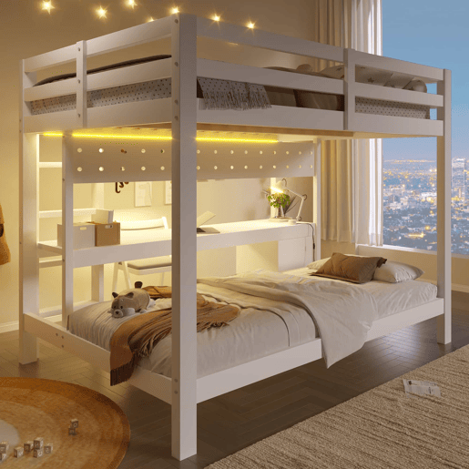 Cama alta 90x200 cm e 140x200 cm - Madeira de pinho, com gavetas e secretária, equipada com sistema de suspensão com painéis perfurados, inclui LED - Branco Cama alta 90x200 cm e 140x200 cm - Madeira de pinho, com gavetas e secretária, equipada com sistema de suspensão com painéis perfurados, inclui LED - Branco