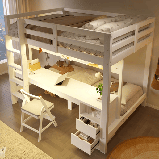Cama alta 90x200 cm e 140x200 cm - Madeira de pinho, com gavetas e secretária, equipada com sistema de suspensão com painéis perfurados, inclui LED - Branco Cama alta 90x200 cm e 140x200 cm - Madeira de pinho, com gavetas e secretária, equipada com sistema de suspensão com painéis perfurados, inclui LED - Branco