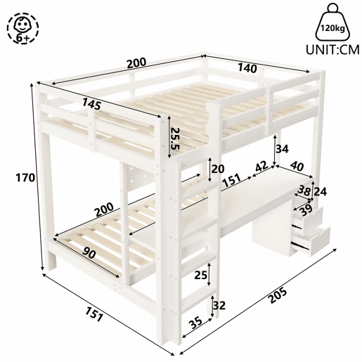 Cama alta 90x200 cm e 140x200 cm - Madeira de pinho, com gavetas e secretária, equipada com sistema de suspensão com painéis perfurados, inclui LED - Branco Cama alta 90x200 cm e 140x200 cm - Madeira de pinho, com gavetas e secretária, equipada com sistema de suspensão com painéis perfurados, inclui LED - Branco