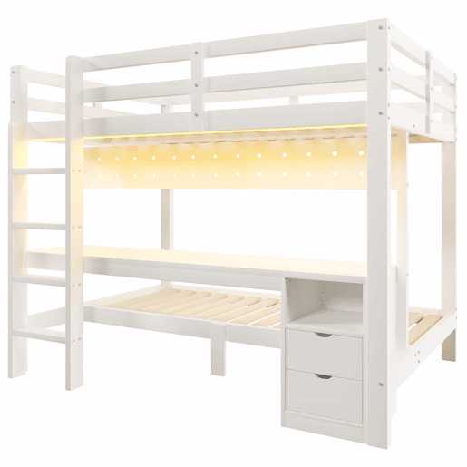 Cama alta 90x200 cm e 140x200 cm - Madeira de pinho, com gavetas e secretária, equipada com sistema de suspensão com painéis perfurados, inclui LED - Branco Cama alta 90x200 cm e 140x200 cm - Madeira de pinho, com gavetas e secretária, equipada com sistema de suspensão com painéis perfurados, inclui LED - Branco
