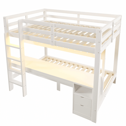 Cama alta 90x200 cm e 140x200 cm - Madeira de pinho, com gavetas e secretária, equipada com sistema de suspensão com painéis perfurados, inclui LED - Branco Cama alta 90x200 cm e 140x200 cm - Madeira de pinho, com gavetas e secretária, equipada com sistema de suspensão com painéis perfurados, inclui LED - Branco