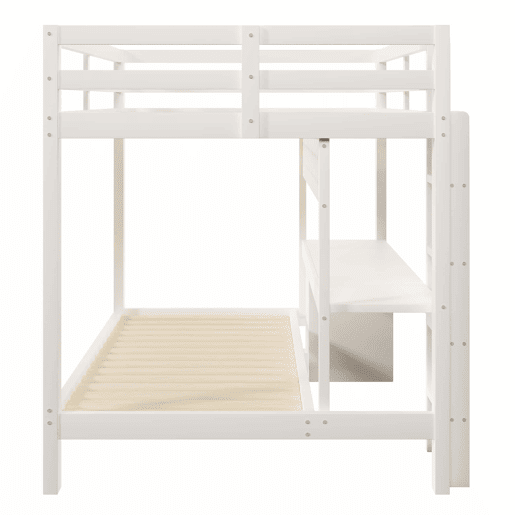 Cama alta 90x200 cm e 140x200 cm - Madeira de pinho, com gavetas e secretária, equipada com sistema de suspensão com painéis perfurados, inclui LED - Branco Cama alta 90x200 cm e 140x200 cm - Madeira de pinho, com gavetas e secretária, equipada com sistema de suspensão com painéis perfurados, inclui LED - Branco
