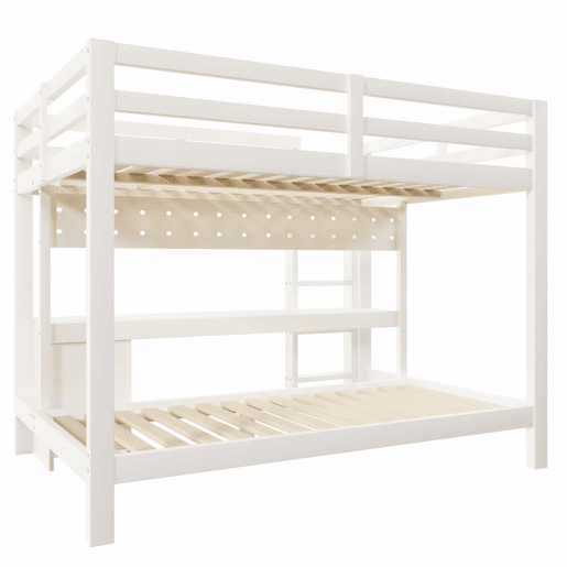 Cama alta 90x200 cm e 140x200 cm - Madeira de pinho, com gavetas e secretária, equipada com sistema de suspensão com painéis perfurados, inclui LED - Branco Cama alta 90x200 cm e 140x200 cm - Madeira de pinho, com gavetas e secretária, equipada com sistema de suspensão com painéis perfurados, inclui LED - Branco