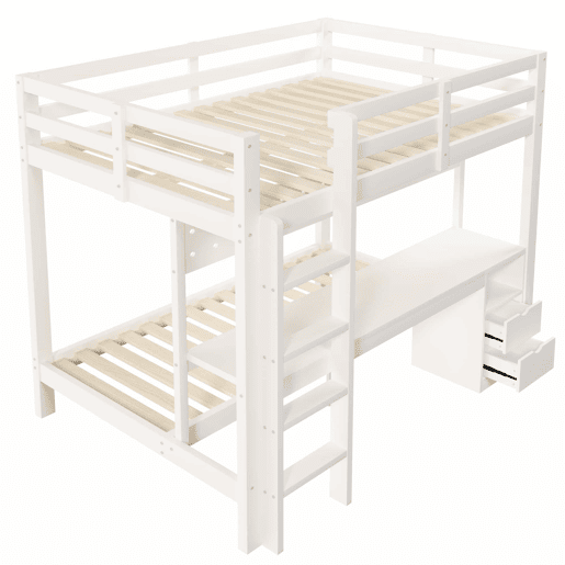 Cama alta 90x200 cm e 140x200 cm - Madeira de pinho, com gavetas e secretária, equipada com sistema de suspensão com painéis perfurados, inclui LED - Branco Cama alta 90x200 cm e 140x200 cm - Madeira de pinho, com gavetas e secretária, equipada com sistema de suspensão com painéis perfurados, inclui LED - Branco