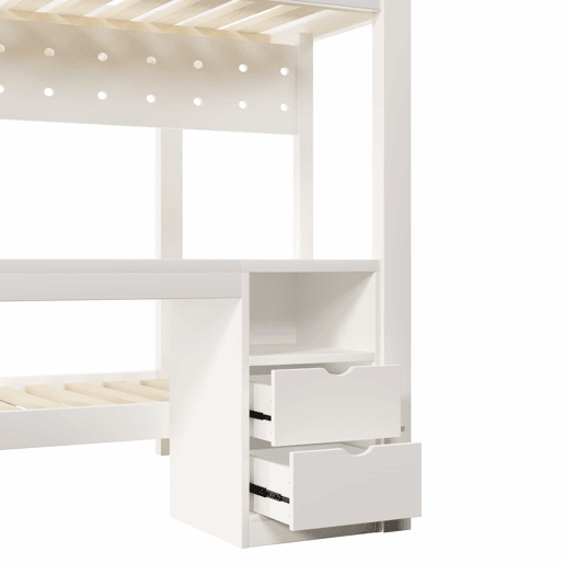 Cama alta 90x200 cm e 140x200 cm - Madeira de pinho, com gavetas e secretária, equipada com sistema de suspensão com painéis perfurados, inclui LED - Branco Cama alta 90x200 cm e 140x200 cm - Madeira de pinho, com gavetas e secretária, equipada com sistema de suspensão com painéis perfurados, inclui LED - Branco