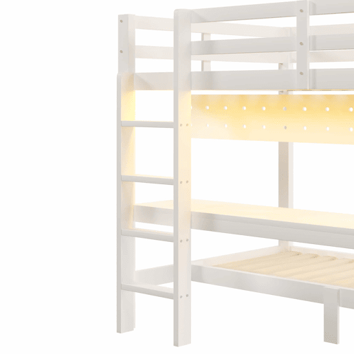 Cama alta 90x200 cm e 140x200 cm - Madeira de pinho, com gavetas e secretária, equipada com sistema de suspensão com painéis perfurados, inclui LED - Branco Cama alta 90x200 cm e 140x200 cm - Madeira de pinho, com gavetas e secretária, equipada com sistema de suspensão com painéis perfurados, inclui LED - Branco