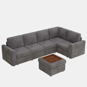 Sofá modular 6 lugares fixa panorâmico de tecido,cinza