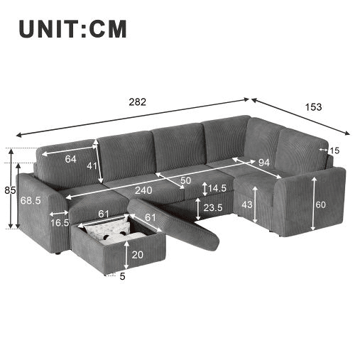 Sofá modular 6 lugares fixa panorâmico de tecido,cinza Sofá modular 6 lugares fixa panorâmico de tecido,cinza