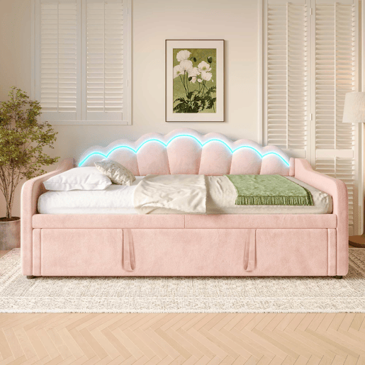 Cama-baú extensível 90x200 cm (180x200 cm) - sofá-cama, cama individualdupla, veludo, faixa LED colorida, sem colchão - rosa