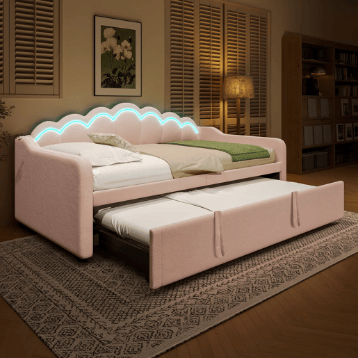 Cama-baú extensível 90x200 cm (180x200 cm) - sofá-cama, cama individualdupla, veludo, faixa LED colorida, sem colchão - rosa