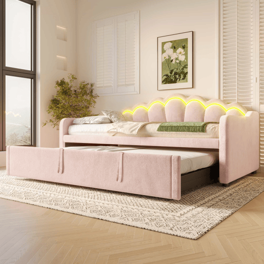 Cama-baú extensível 90x200 cm (180x200 cm) - sofá-cama, cama individualdupla, veludo, faixa LED colorida, sem colchão - rosa