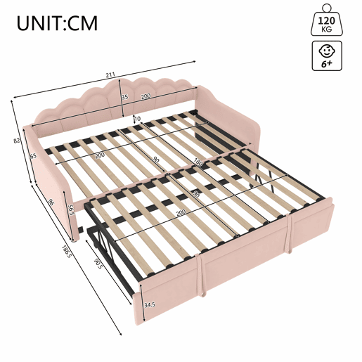 Cama-baú extensível 90x200 cm (180x200 cm) - sofá-cama, cama individualdupla, veludo, faixa LED colorida, sem colchão - rosa