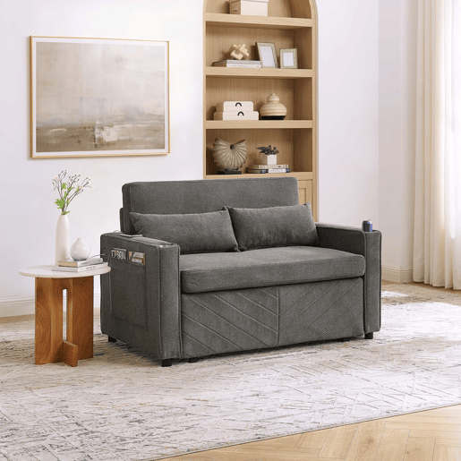 Sofá-cama de 2 lugares 3 em 1 - Design minimalista e elegante, mecanismo deslizante, porta USB, ideal para sestas - Cinza escuro