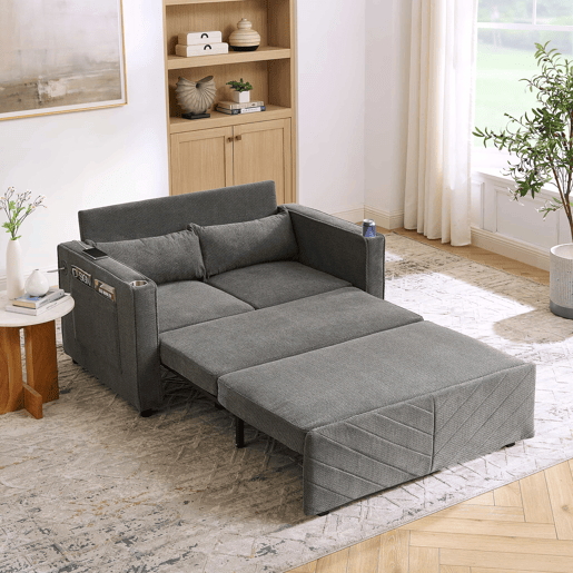 Sofá-cama de 2 lugares 3 em 1 - Design minimalista e elegante, mecanismo deslizante, porta USB, ideal para sestas - Cinza escuro