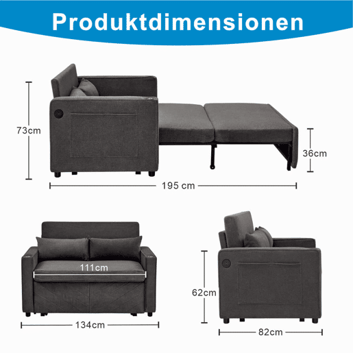 Sofá-cama de 2 lugares 3 em 1 - Design minimalista e elegante, mecanismo deslizante, porta USB, ideal para sestas - Cinza escuro