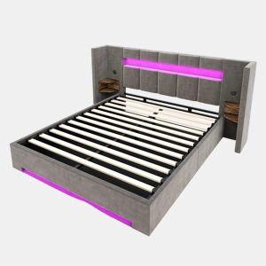 Cama multifuncional 160x200 cm - Cabeceira larga, 2 portas USB, armário embutido, luz LED, sistema hidráulico e amplo espaço de arrumação debaixo da cama com tecido não tecido - Cinza escuro