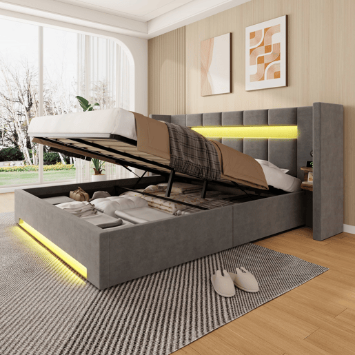 Cama multifuncional 160x200 cm - Cabeceira larga, 2 portas USB, armário embutido, luz LED, sistema hidráulico e amplo espaço de arrumação debaixo da cama com tecido não tecido - Cinza escuro Cama multifuncional 160x200 cm - Cabeceira larga, 2 portas USB, armário embutido, luz LED, sistema hidráulico e amplo espaço de arrumação debaixo da cama com tecido não tecido - Cinza escuro