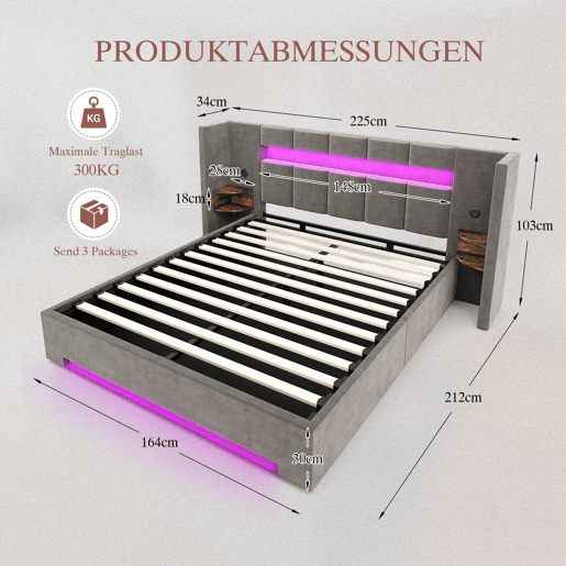 Cama multifuncional 160x200 cm - Cabeceira larga, 2 portas USB, armário embutido, luz LED, sistema hidráulico e amplo espaço de arrumação debaixo da cama com tecido não tecido - Cinza escuro Cama multifuncional 160x200 cm - Cabeceira larga, 2 portas USB, armário embutido, luz LED, sistema hidráulico e amplo espaço de arrumação debaixo da cama com tecido não tecido - Cinza escuro